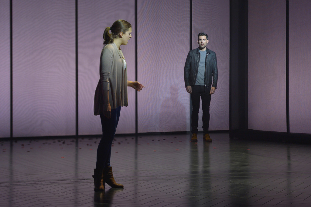 Cathy (Margo Seibert) bids Jamie (Zak Resnick) goodbye after their first date. At the same time, Jamie says goodbye to their relationship in Jason Robert Brown's acclaimed musical, The Last Five Years, now playing through June 5 at American Conservatory Theater's Geary Theater.
