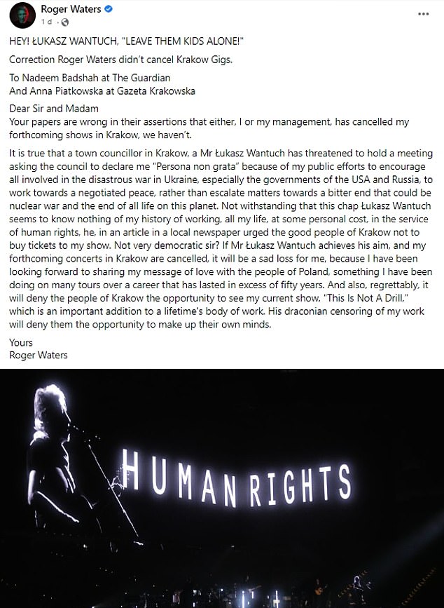 Roger Waters accuses Poland of 'censoring' after cancelling his gigs over  Ukraine war comments | Daily Mail Online