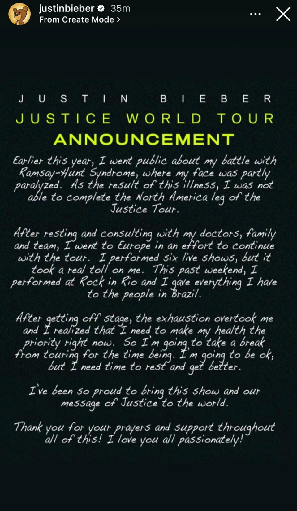 Justin Bieber Cancels Remaining Tour Dates to Make His Health the 'Priority  Right Now'