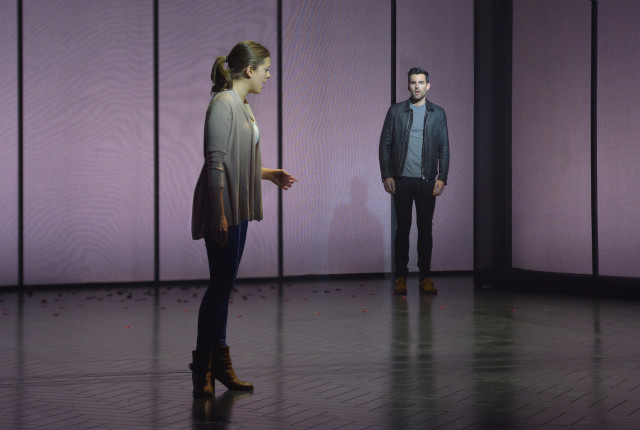 Cathy (Margo Seibert) bids Jamie (Zak Resnick) goodbye after their first date. At the same time, Jamie says goodbye to their relationship in Jason Robert Brown's acclaimed musical, The Last Five Years, now playing through June 5 at American Conservatory Theater's Geary Theater.