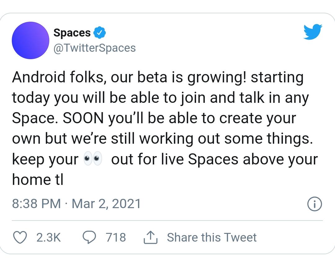 Twitter Beats Clubhouse from Android, Space Platform will select Users